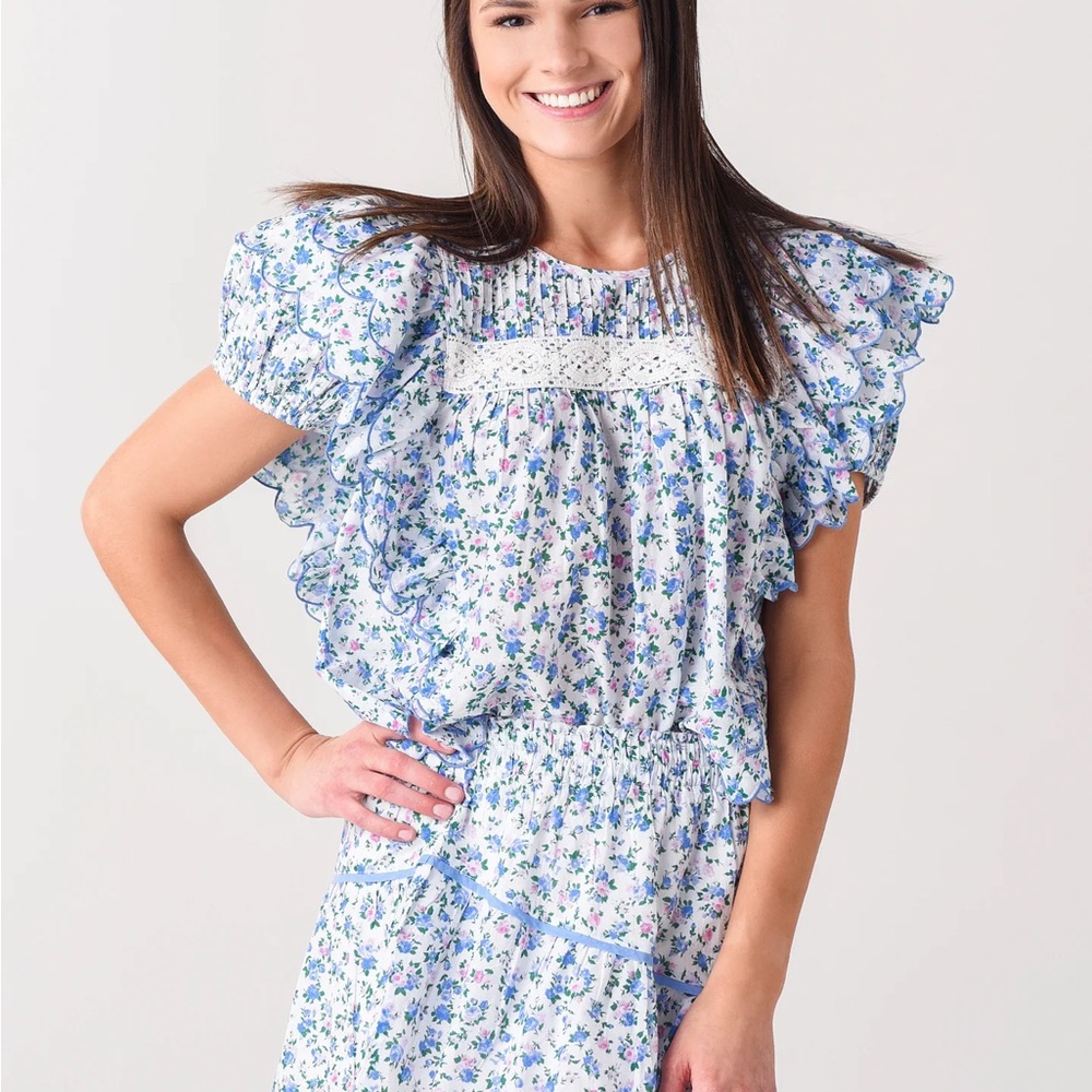 LoveShackFancy Strawberry puff sleeve scalloped Nelson top - Picture 3 of 7